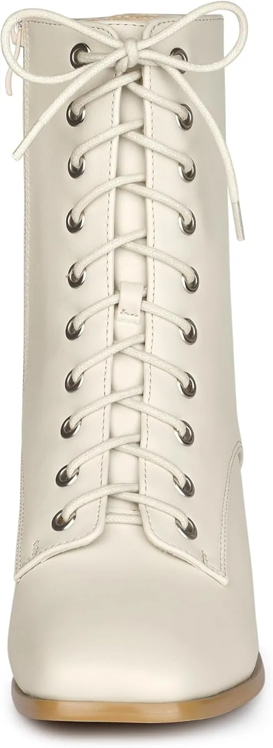 Allegra K Women's Lace Up Square Toe Chunky Heels Ankle Combat Boots