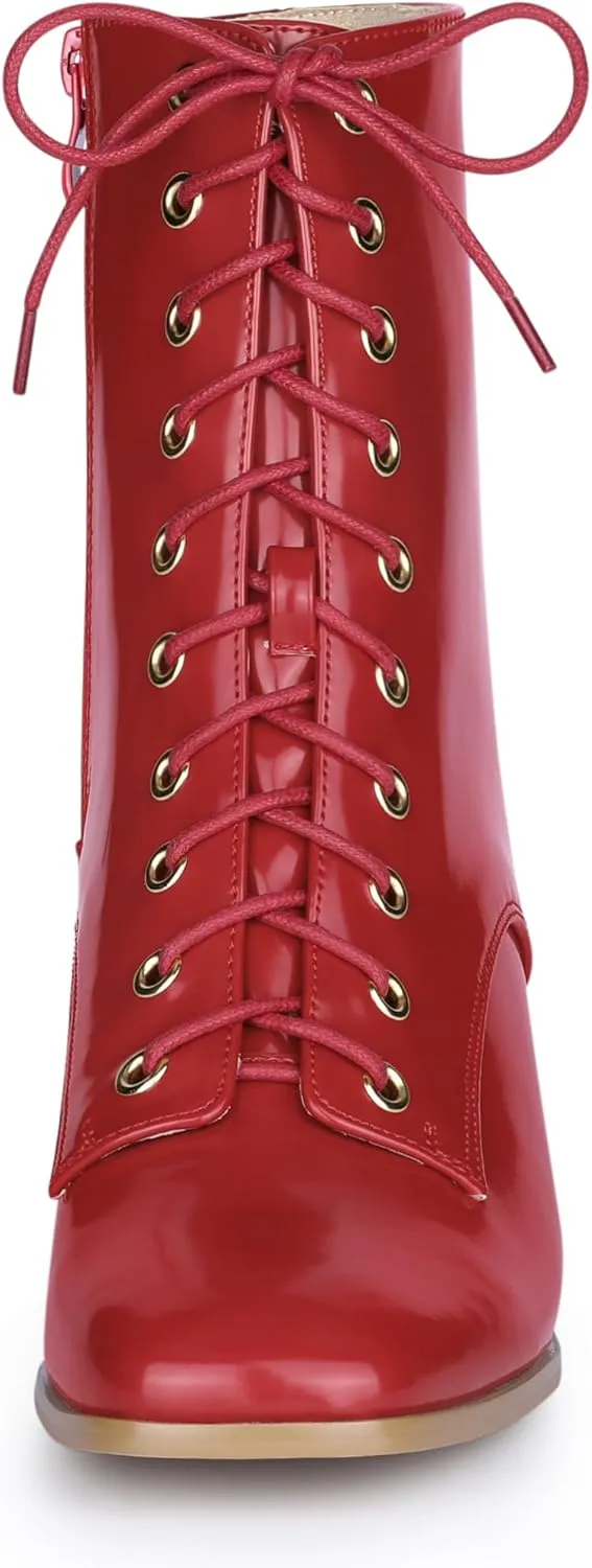 Allegra K Women's Lace Up Square Toe Chunky Heels Ankle Combat Boots