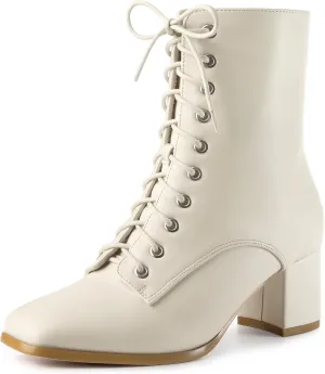 Allegra K Women's Lace Up Square Toe Chunky Heels Ankle Combat Boots