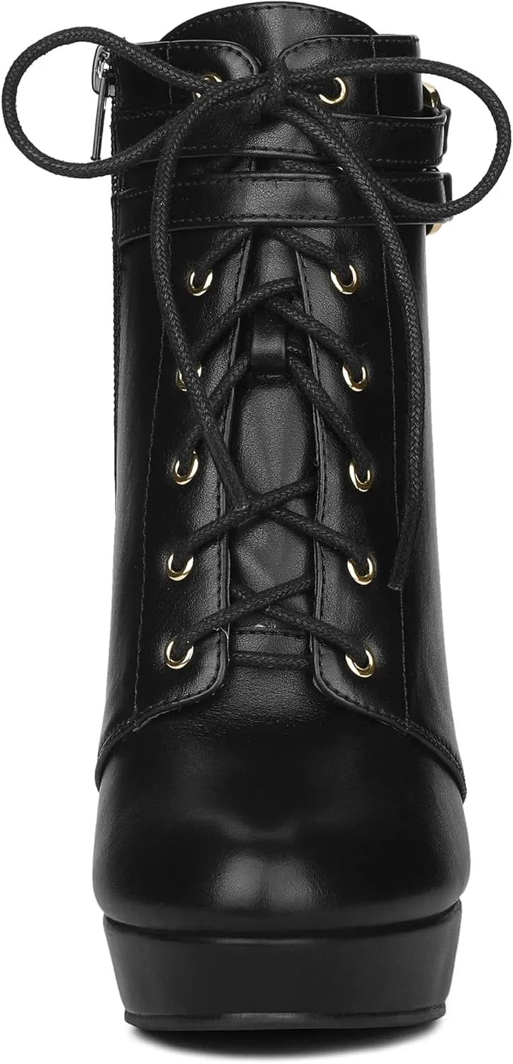 Allegra K Women's Lace Up Strap Platform Block Heels Ankle Boots