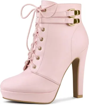 Allegra K Women's Lace Up Strap Platform Block Heels Ankle Boots