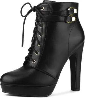 Allegra K Women's Lace Up Strap Platform Block Heels Ankle Boots