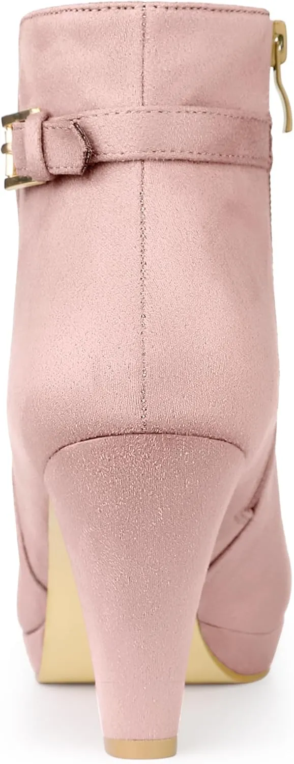 Allegra K Women's Low Platform Side Zip Buckle Chunky High Heel Ankle Booties