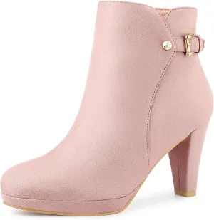 Allegra K Women's Low Platform Side Zip Buckle Chunky High Heel Ankle Booties