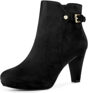 Allegra K Women's Low Platform Side Zip Buckle Chunky High Heel Ankle Booties