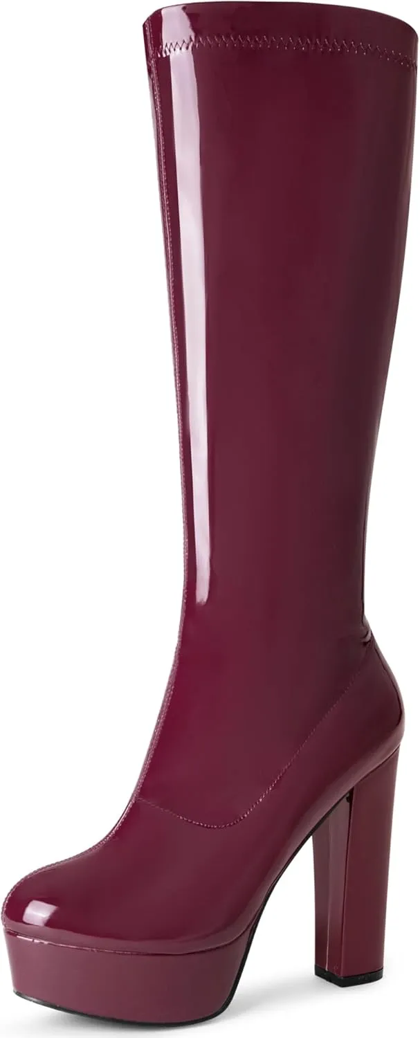Allegra K Women's Patent Leather Platform Gogo Boots Chunky Heel Knee High Boots