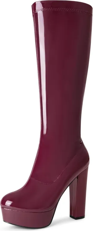 Allegra K Women's Patent Leather Platform Gogo Boots Chunky Heel Knee High Boots