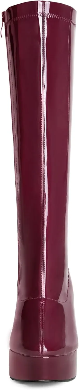 Allegra K Women's Patent Leather Platform Gogo Boots Chunky Heel Knee High Boots