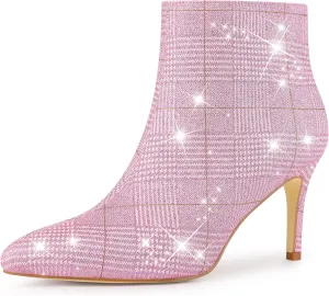 Allegra K Women's Plaid Pointed Toe Side Zip Stiletto Heel Ankle Boots
