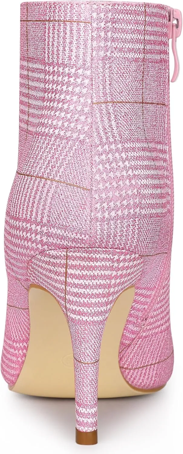 Allegra K Women's Plaid Pointed Toe Side Zip Stiletto Heel Ankle Boots