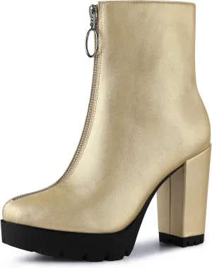 Allegra K Women's Platform Front Zip Chunky Heel Gold Ankle Boots 9 M US