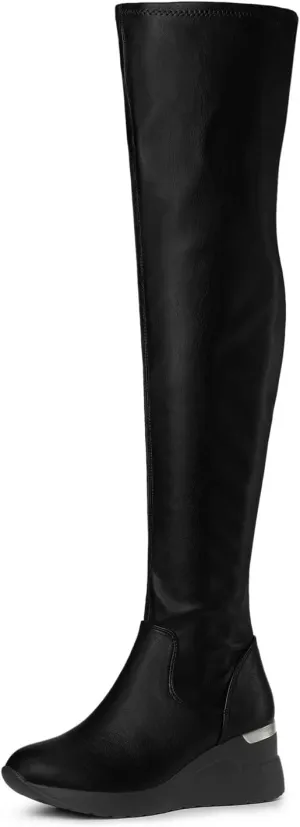 Allegra K Women's Platform Wedge Chunky Heels Over the Knee Thigh High Boots