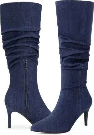 Allegra K Women's Pointed Toe Slouched Stiletto Heels Knee High Boots