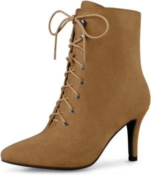 Allegra K Women's Pointy Toe Zip Lace Up Stiletto Heel Ankle Boots
