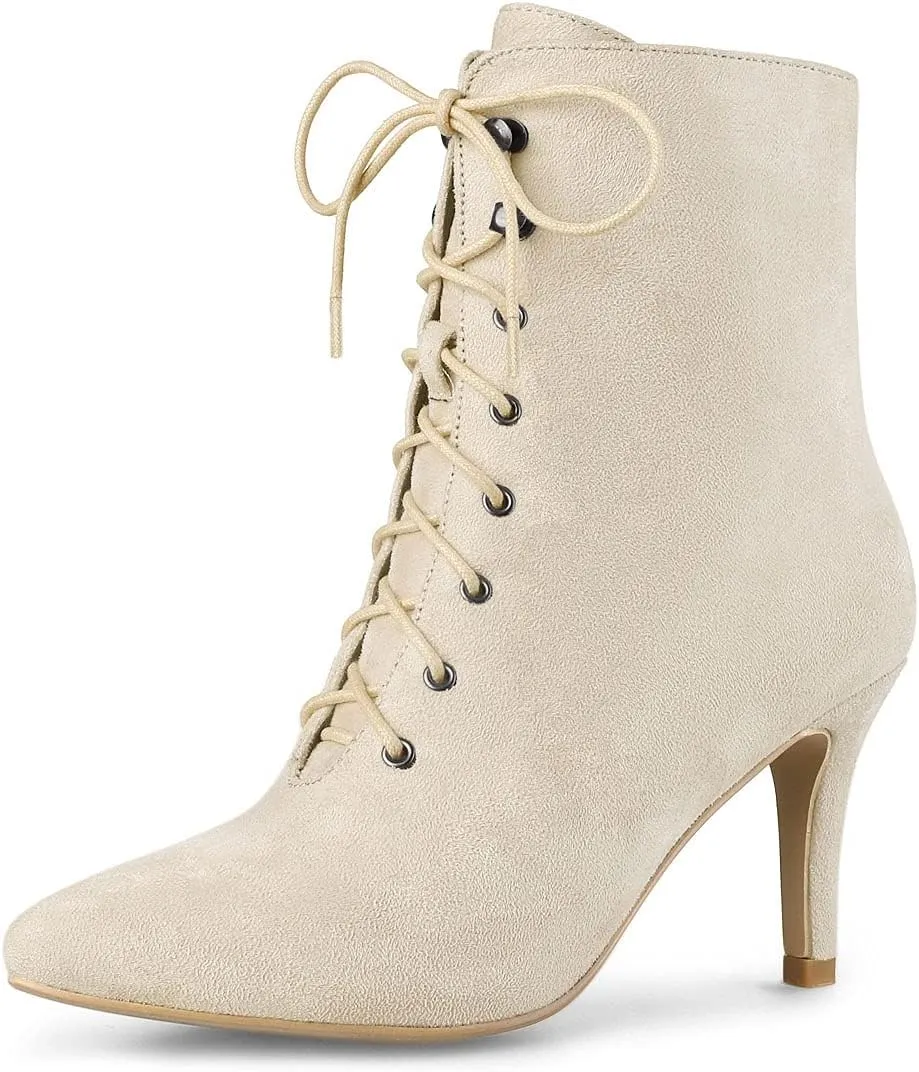 Allegra K Women's Pointy Toe Zip Lace Up Stiletto Heel Ankle Boots