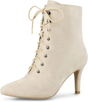 Allegra K Women's Pointy Toe Zip Lace Up Stiletto Heel Ankle Boots