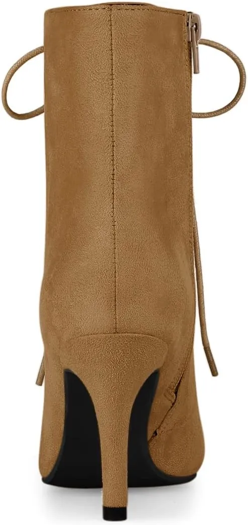 Allegra K Women's Pointy Toe Zip Lace Up Stiletto Heel Ankle Boots