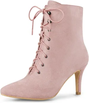 Allegra K Women's Pointy Toe Zip Lace Up Stiletto Heel Ankle Boots
