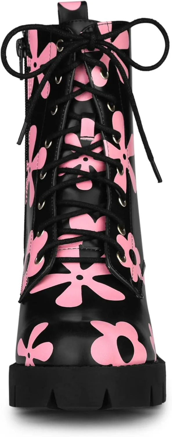 Allegra K Women's Printed Platform Round Toe Lace Up Chunky Heel Combat Boots
