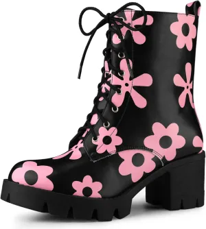 Allegra K Women's Printed Platform Round Toe Lace Up Chunky Heel Combat Boots