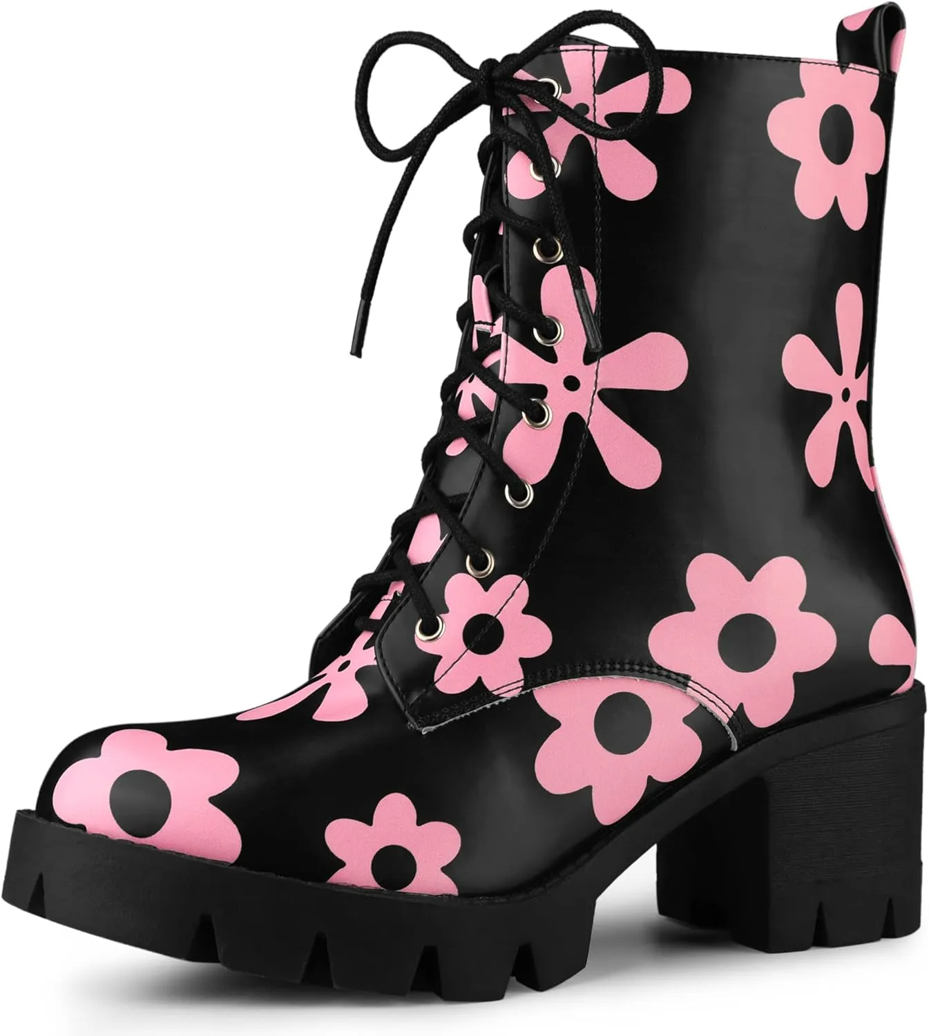 Allegra K Women's Printed Platform Round Toe Lace Up Chunky Heel Combat Boots