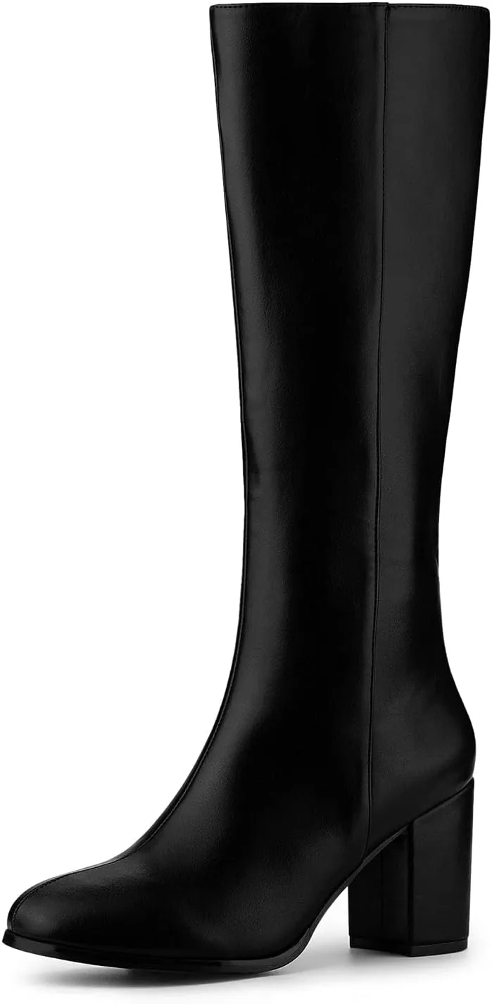 Allegra K Women's Round Toe Zip Block Heels Knee High Boots