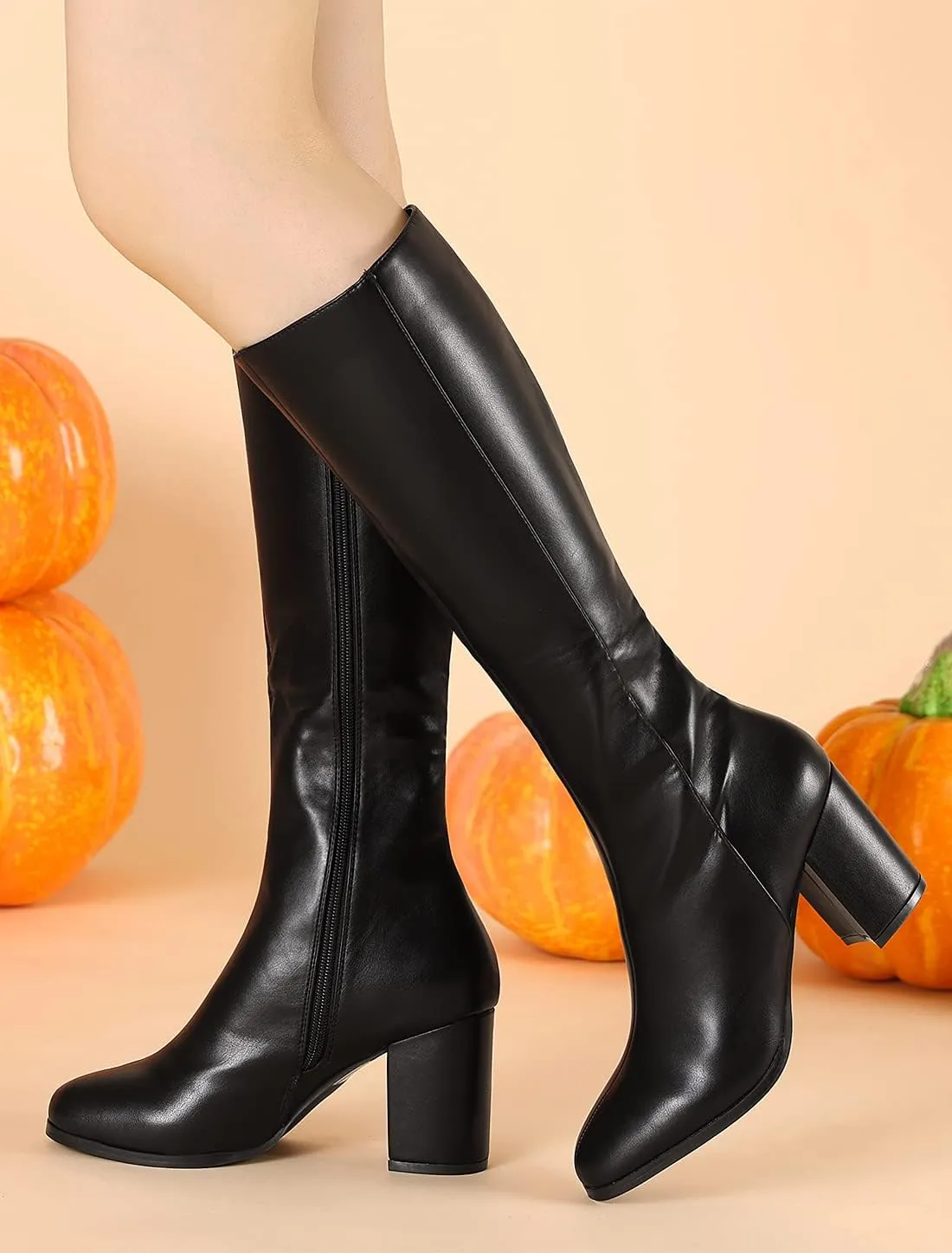 Allegra K Women's Round Toe Zip Block Heels Knee High Boots