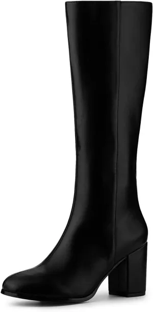 Allegra K Women's Round Toe Zip Block Heels Knee High Boots