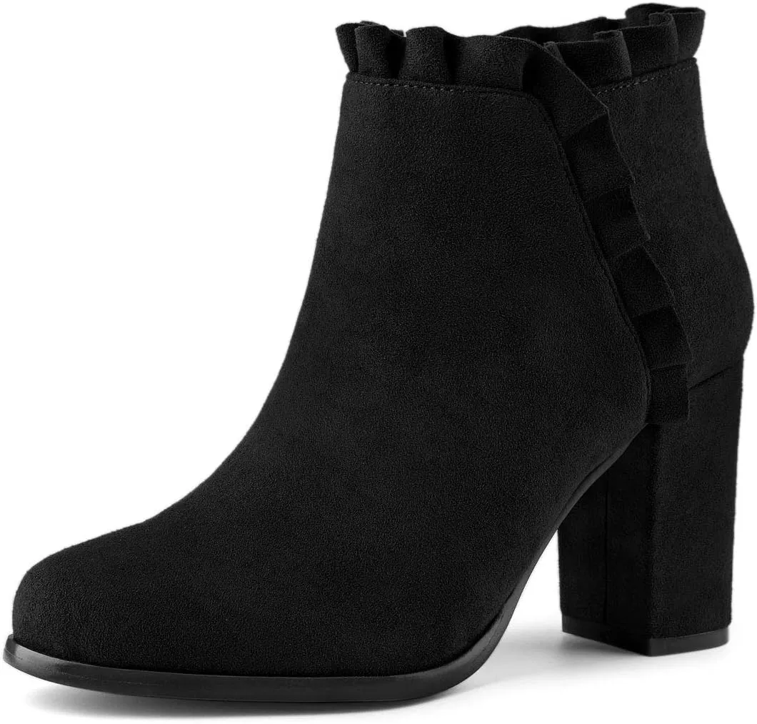 Allegra K Women's Ruffle Block Heel Ankle Boots