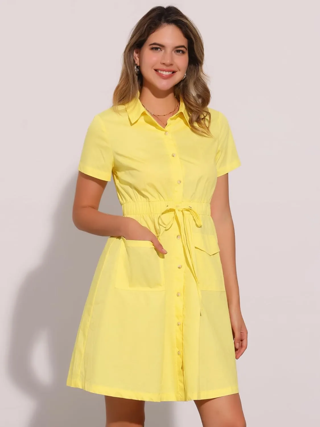 Allegra K Women's Safari Dresses Short Sleeve Cotton Button Down Collar Shirt Dress