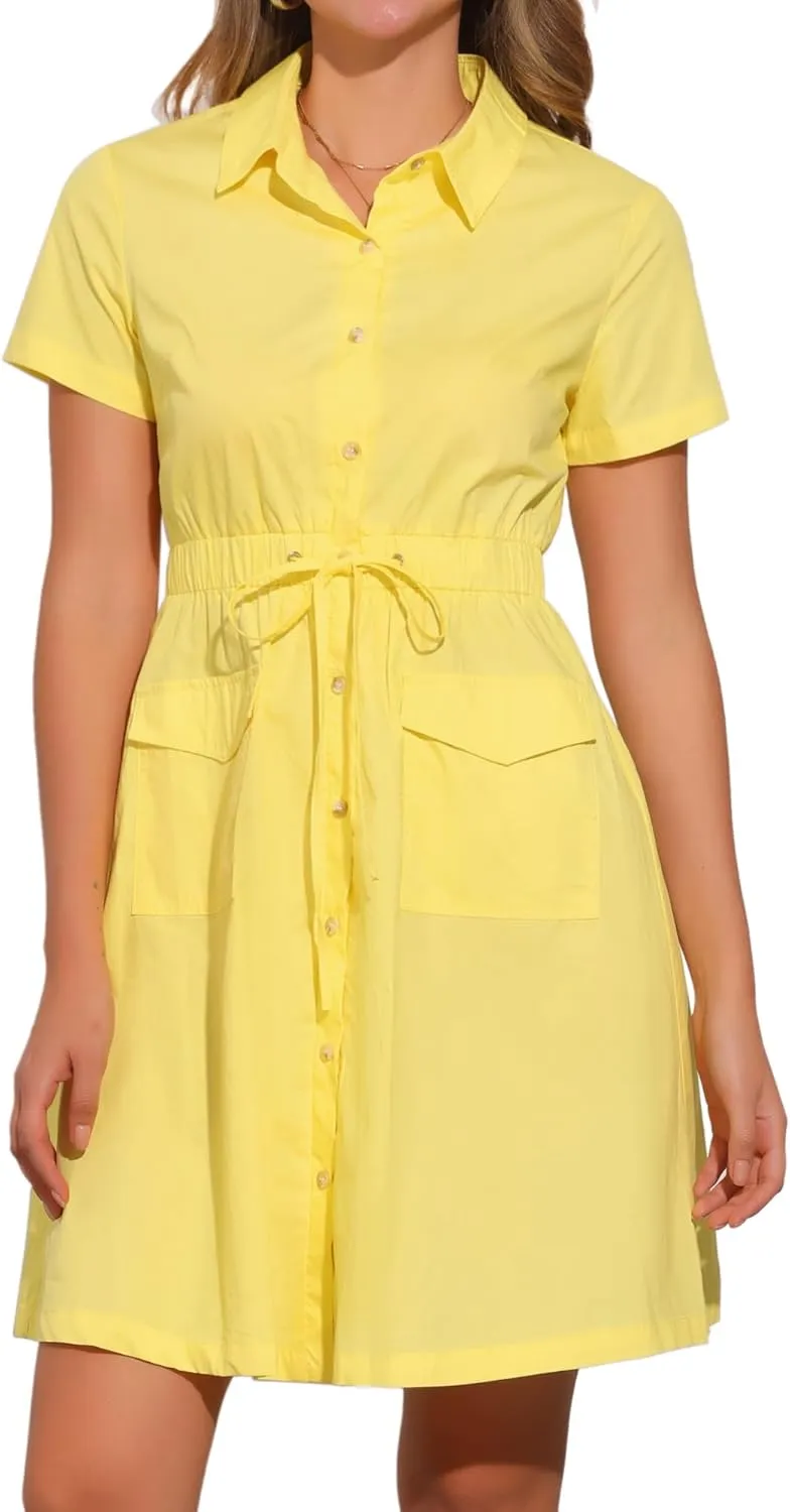 Allegra K Women's Safari Dresses Short Sleeve Cotton Button Down Collar Shirt Dress