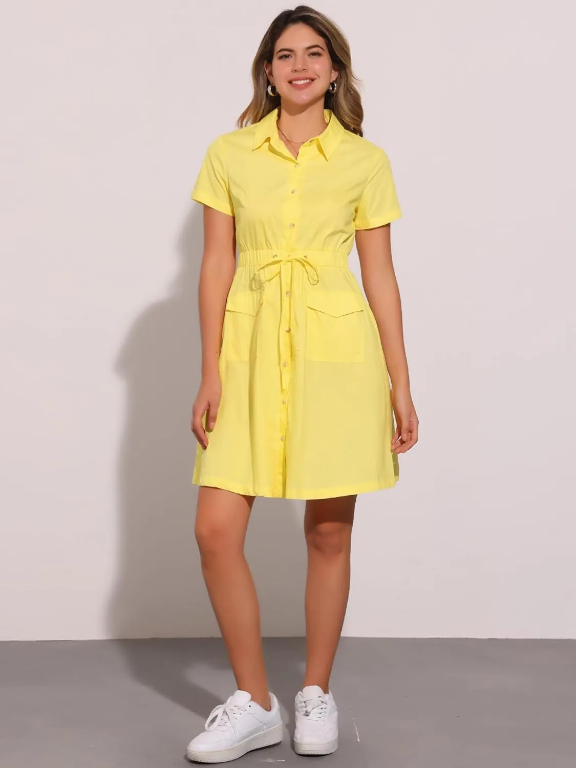 Allegra K Women's Safari Dresses Short Sleeve Cotton Button Down Collar Shirt Dress