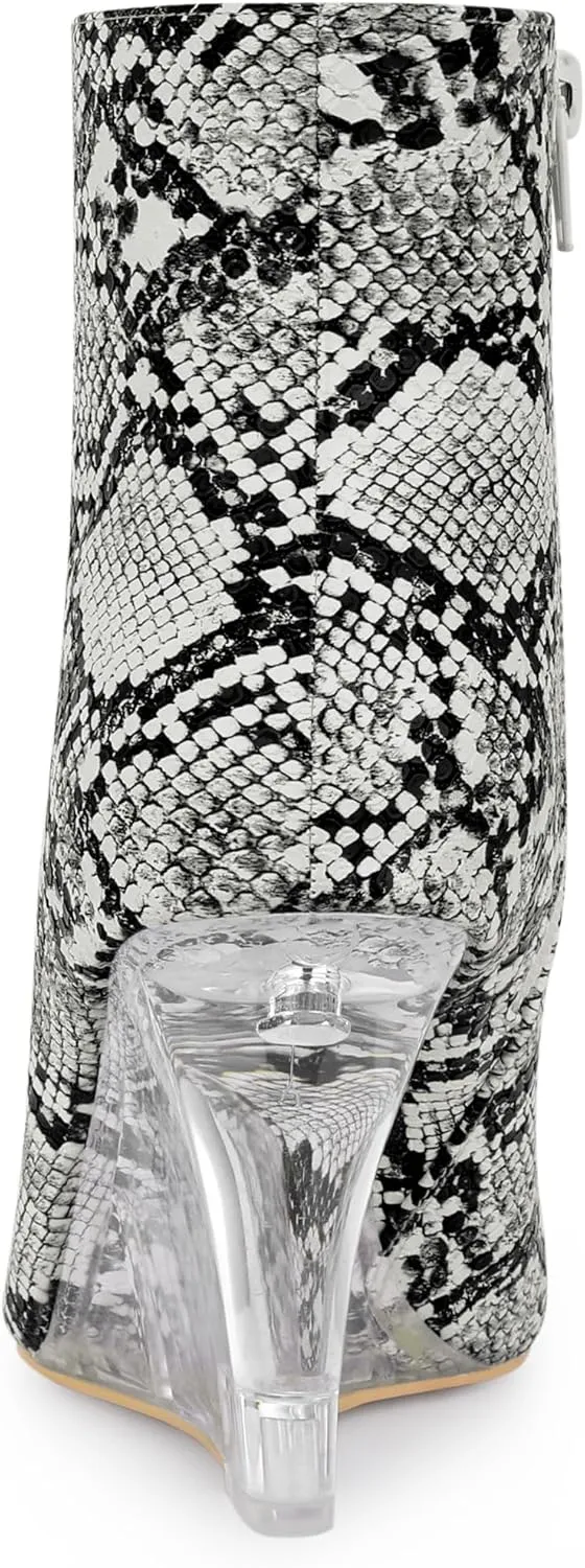 Allegra K Women's Snakeskin Printed Ankle Boots Pointed Toe Wedge Clear Heels Boots