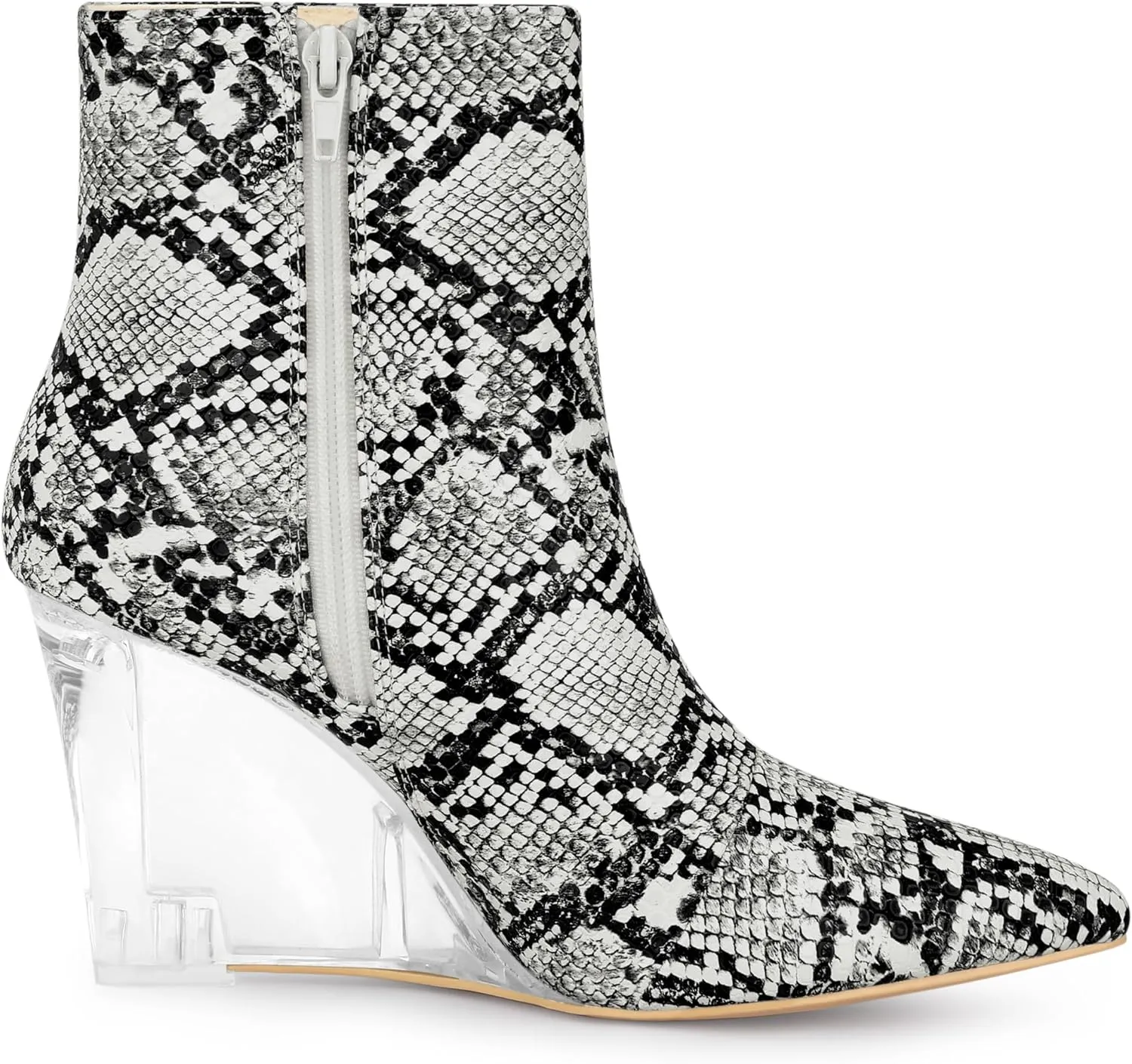 Allegra K Women's Snakeskin Printed Ankle Boots Pointed Toe Wedge Clear Heels Boots