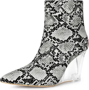 Allegra K Women's Snakeskin Printed Ankle Boots Pointed Toe Wedge Clear Heels Boots