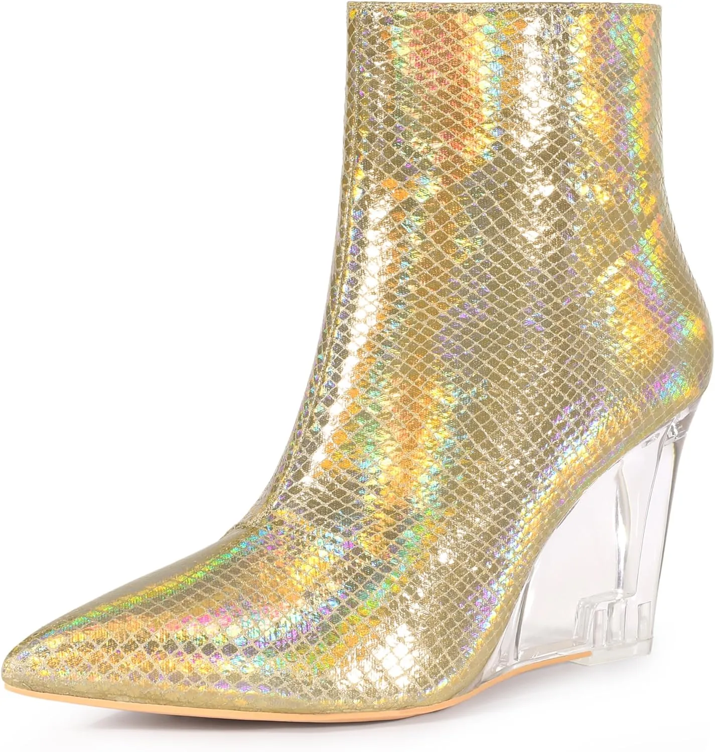 Allegra K Women's Snakeskin Printed Ankle Boots Pointed Toe Wedge Clear Heels Boots