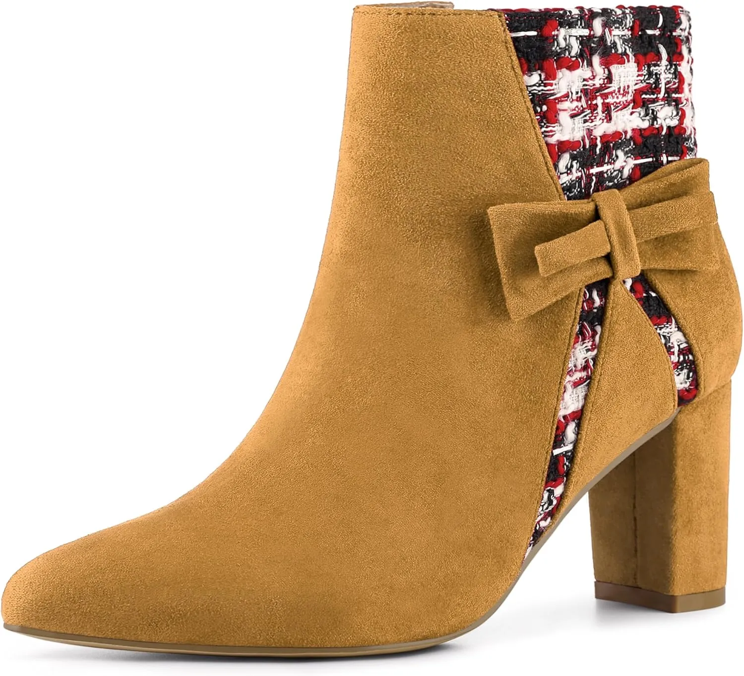 Allegra K Women's Tweed Plaid Heels Boot Bow Block Heels Ankle Boots