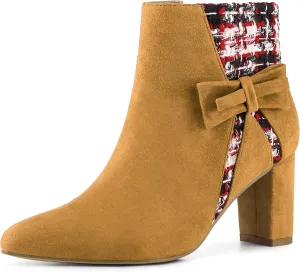 Allegra K Women's Tweed Plaid Heels Boot Bow Block Heels Ankle Boots