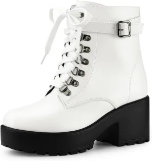 Allegra K Women's Zip Chunky Heel Platform Ankle Combat Boots