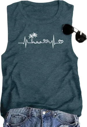 ALLTB Beach Tank Tops Women Beach Waves Sleeveless Shirt Hawaiian Ocean Vest Heartbeat Tank Summer Family Vacation Tanks