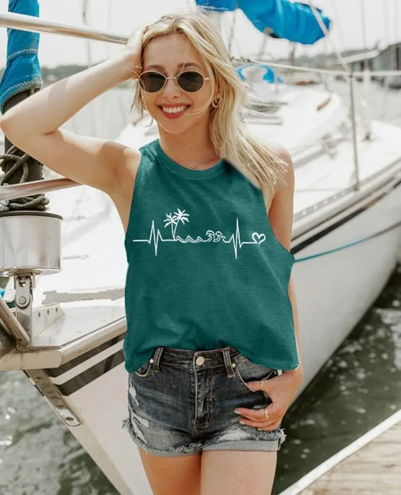 ALLTB Beach Tank Tops Women Beach Waves Sleeveless Shirt Hawaiian Ocean Vest Heartbeat Tank Summer Family Vacation Tanks
