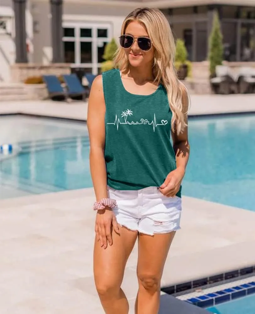 ALLTB Beach Tank Tops Women Beach Waves Sleeveless Shirt Hawaiian Ocean Vest Heartbeat Tank Summer Family Vacation Tanks