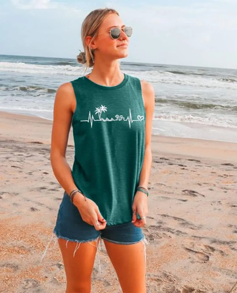 ALLTB Beach Tank Tops Women Beach Waves Sleeveless Shirt Hawaiian Ocean Vest Heartbeat Tank Summer Family Vacation Tanks