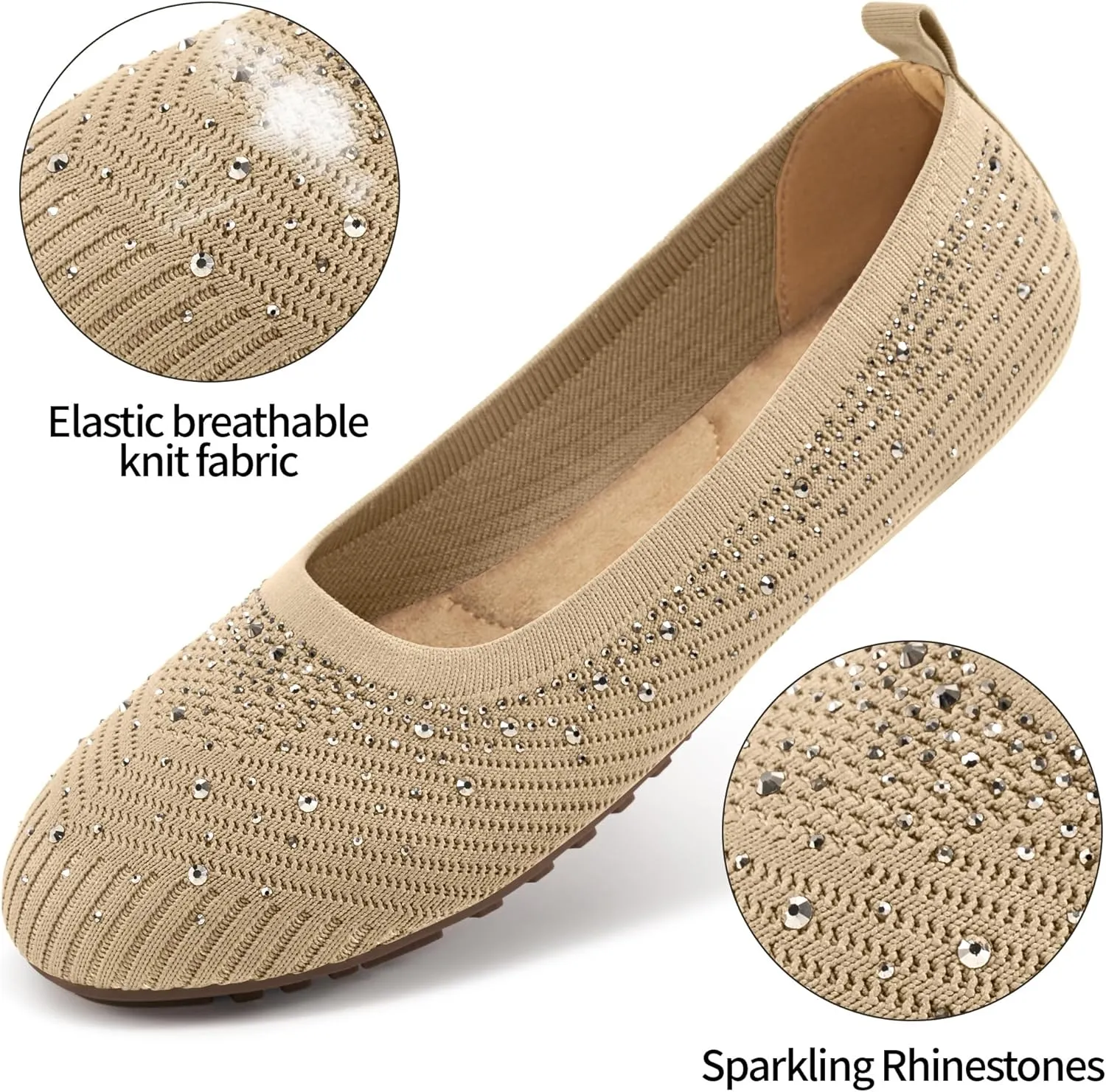 Almusen Ballets Flats for Women Dressy: Comfortable Soft Knit Work Flats Glitter Rhinestone Round Toe Casual Shoes for Office Wedding