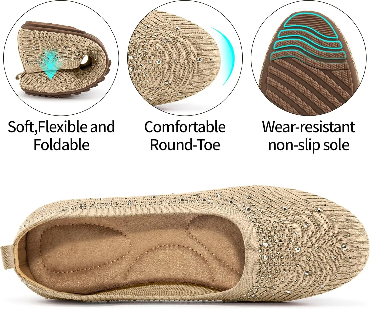 Almusen Ballets Flats for Women Dressy: Comfortable Soft Knit Work Flats Glitter Rhinestone Round Toe Casual Shoes for Office Wedding