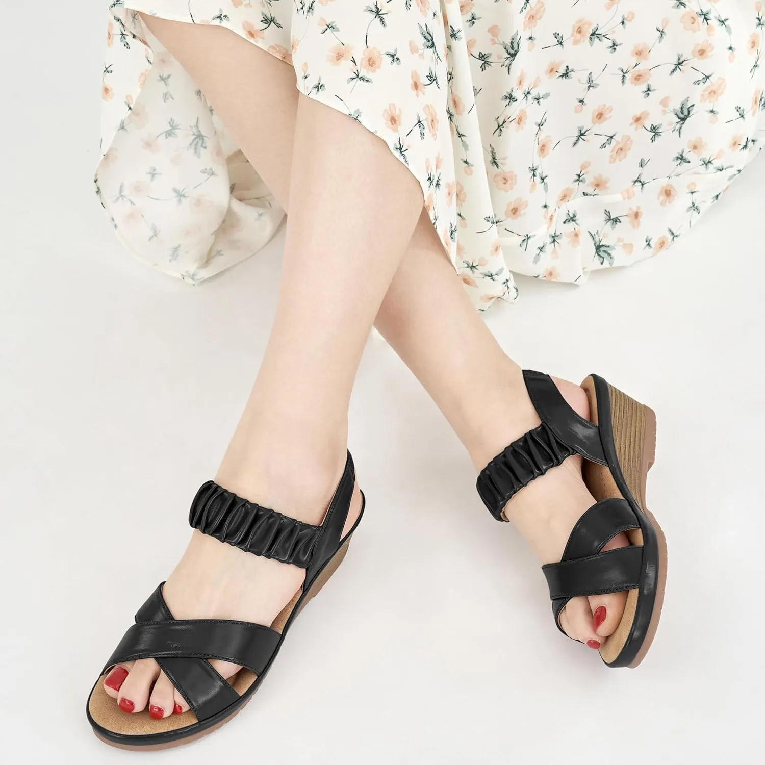 Almusen Womens Wedge Sandals Dressy: Comfortable Elastic Ankle Strap Summer Low Heel Work Sandals for Women Fashion Cross Band Wedding Shoes