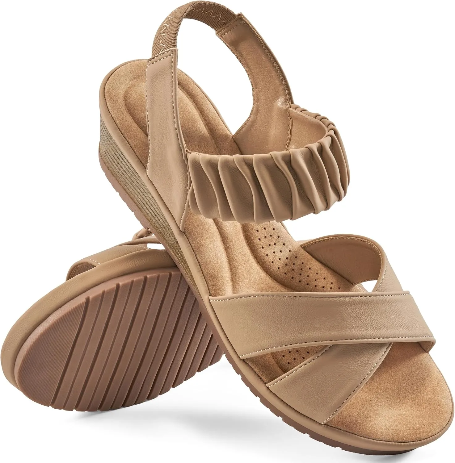 Almusen Womens Wedge Sandals Dressy: Comfortable Elastic Ankle Strap Summer Low Heel Work Sandals for Women Fashion Cross Band Wedding Shoes