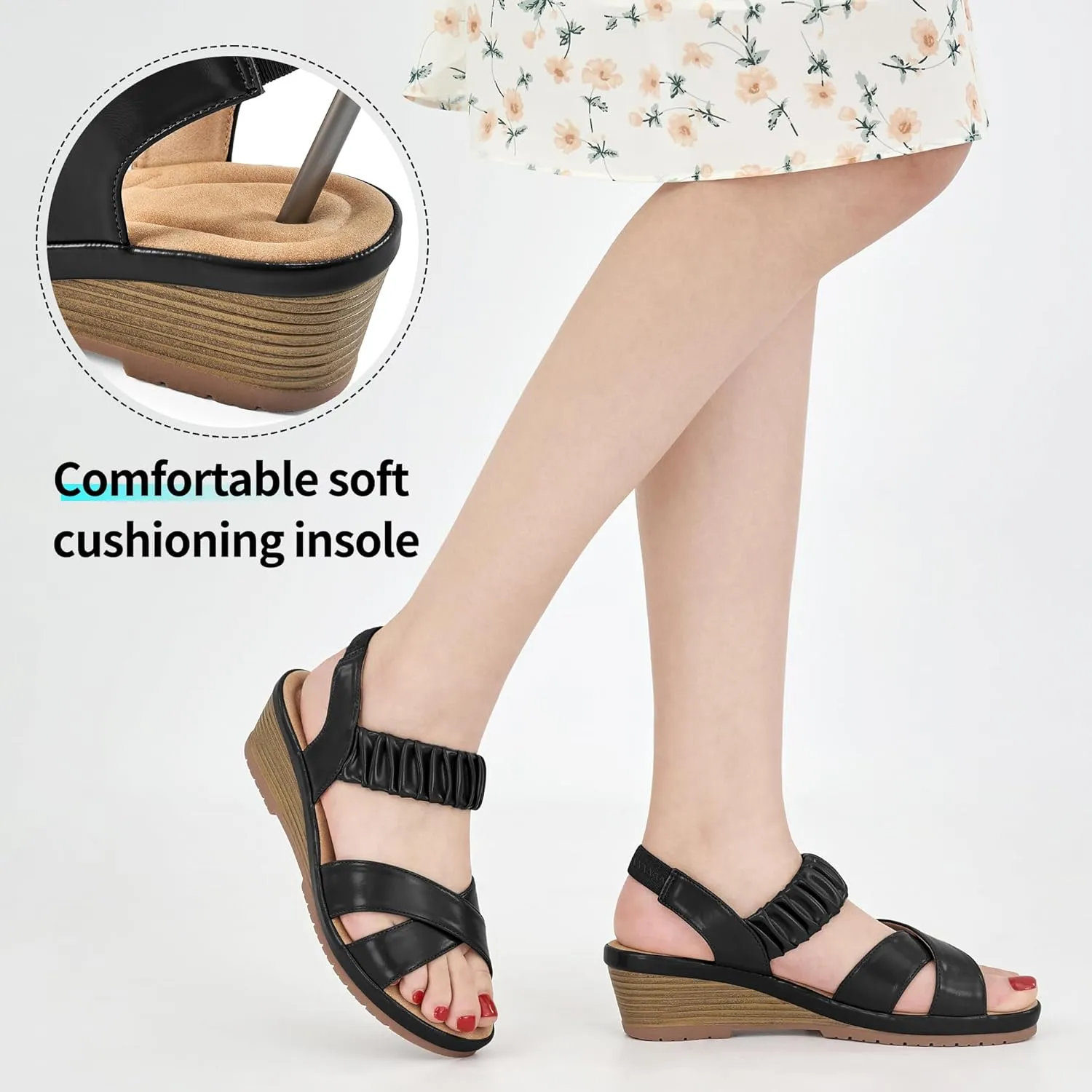 Almusen Womens Wedge Sandals Dressy: Comfortable Elastic Ankle Strap Summer Low Heel Work Sandals for Women Fashion Cross Band Wedding Shoes