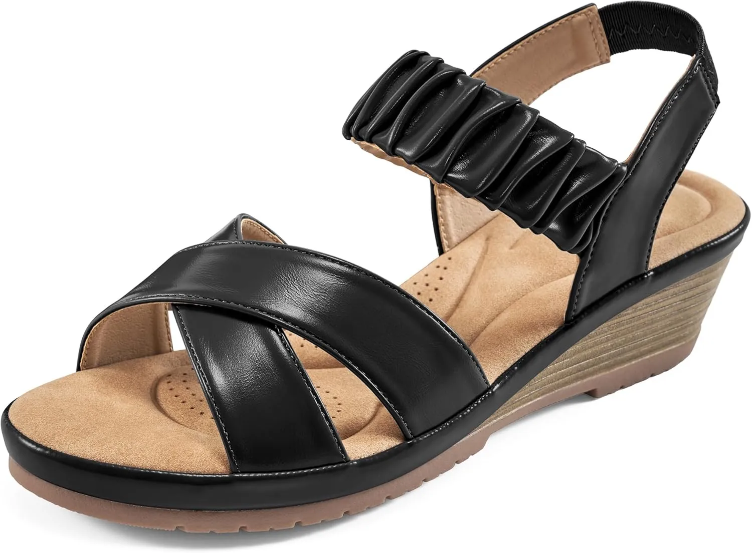Almusen Womens Wedge Sandals Dressy: Comfortable Elastic Ankle Strap Summer Low Heel Work Sandals for Women Fashion Cross Band Wedding Shoes