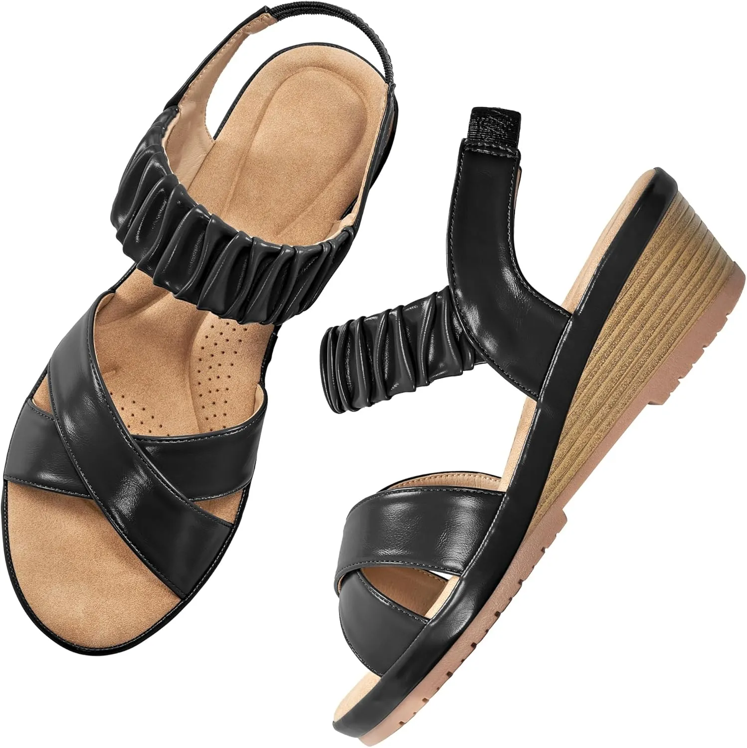 Almusen Womens Wedge Sandals Dressy: Comfortable Elastic Ankle Strap Summer Low Heel Work Sandals for Women Fashion Cross Band Wedding Shoes